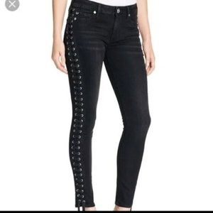 True Religion Halle Full Lace Up Mid Rise Super Skinny Black Womens Jeans 24